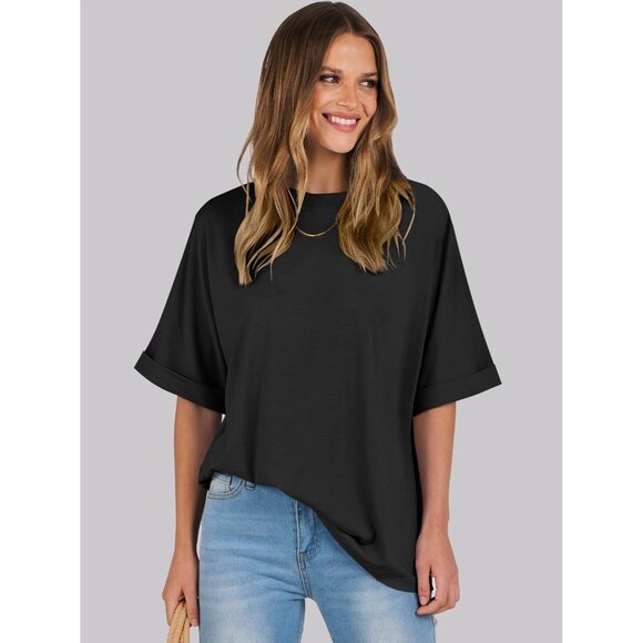 💫 Women Casual Loose Basic Tee Shirt Black Short Sleeve Trendy Fashion Tops - Picture 2 of 8